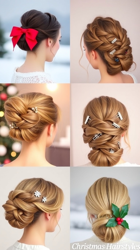 A collection of four Christmas updo hairstyles: twisted bun, braided crown, messy top knot, and low chignon, set against a snowy background.